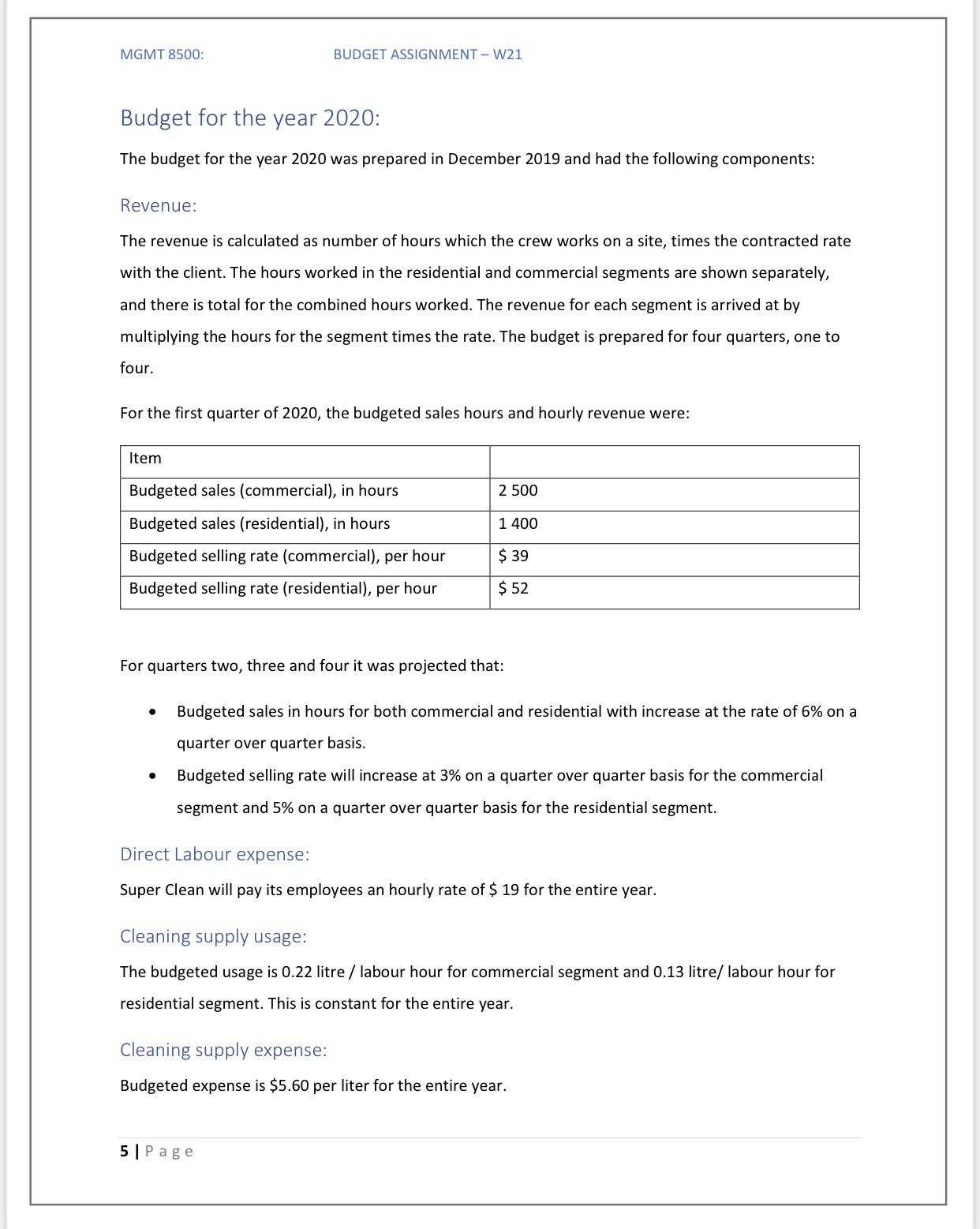 the above case and develop the static budget. Input Database Static Budget