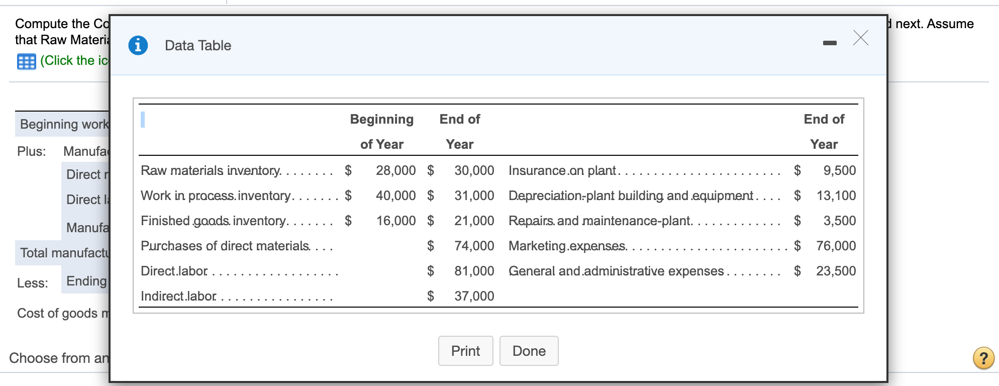 How do I determine the direct materials used and the Toal manufacturing