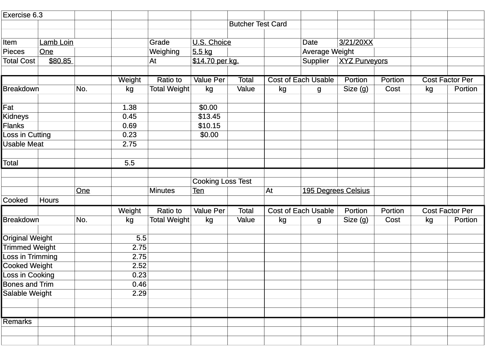  Exercise 6.3 Butcher Test Card Item Lamb Loin Grade U.S. Choice