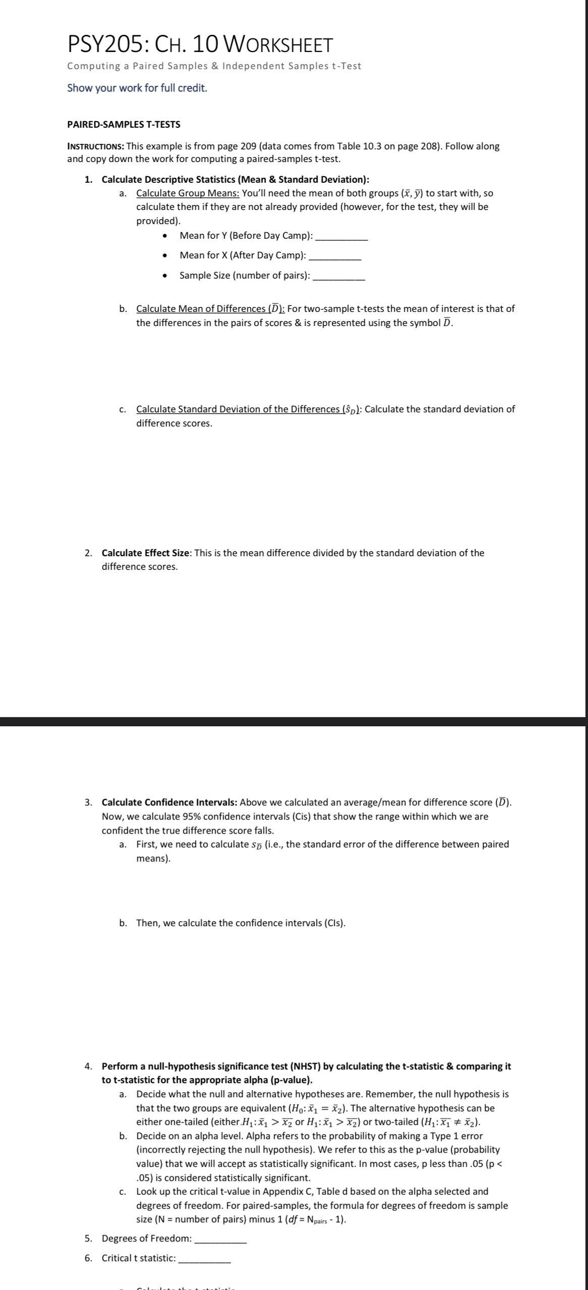 See attached worksheet please: PSYZOS: CH. 10 WORKSHEET Computing a Paired Samples