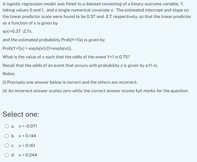  A logistic regression model was fitted to a dataset consisting of