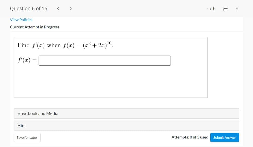 Hint I. Save for Later Attempts: 0 0f 5 used Submit Answer