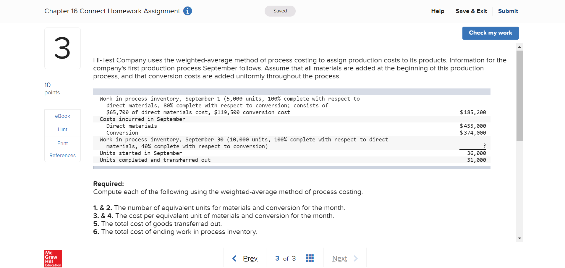  Chapter 16 Connect Homework Assignment i Saved Help Save & Exit