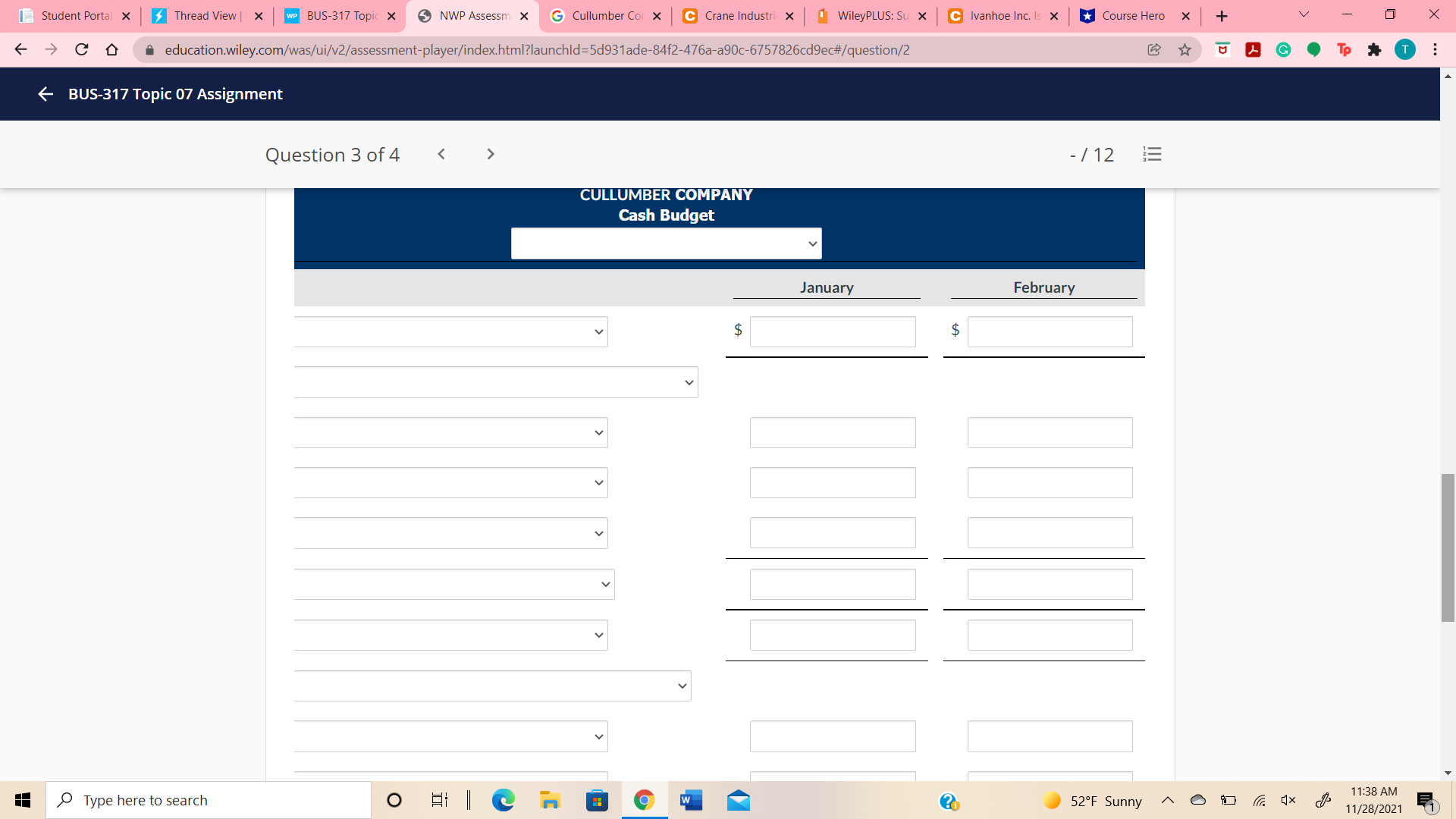 in Progress Cullumber Company prepares monthly cash budgets. Relevant data from operating