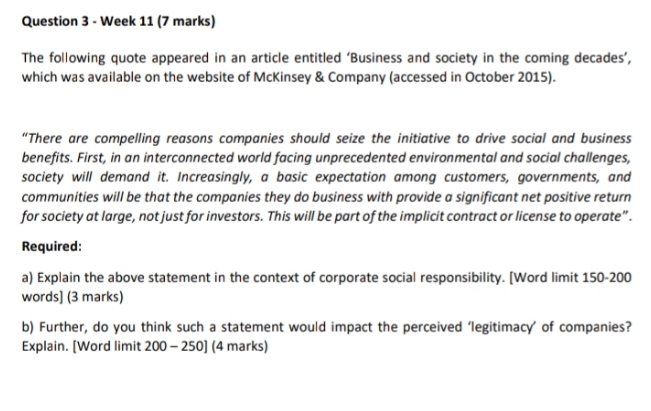 Holmes institute Question 3 - Week 11 (7 marks) The following quote