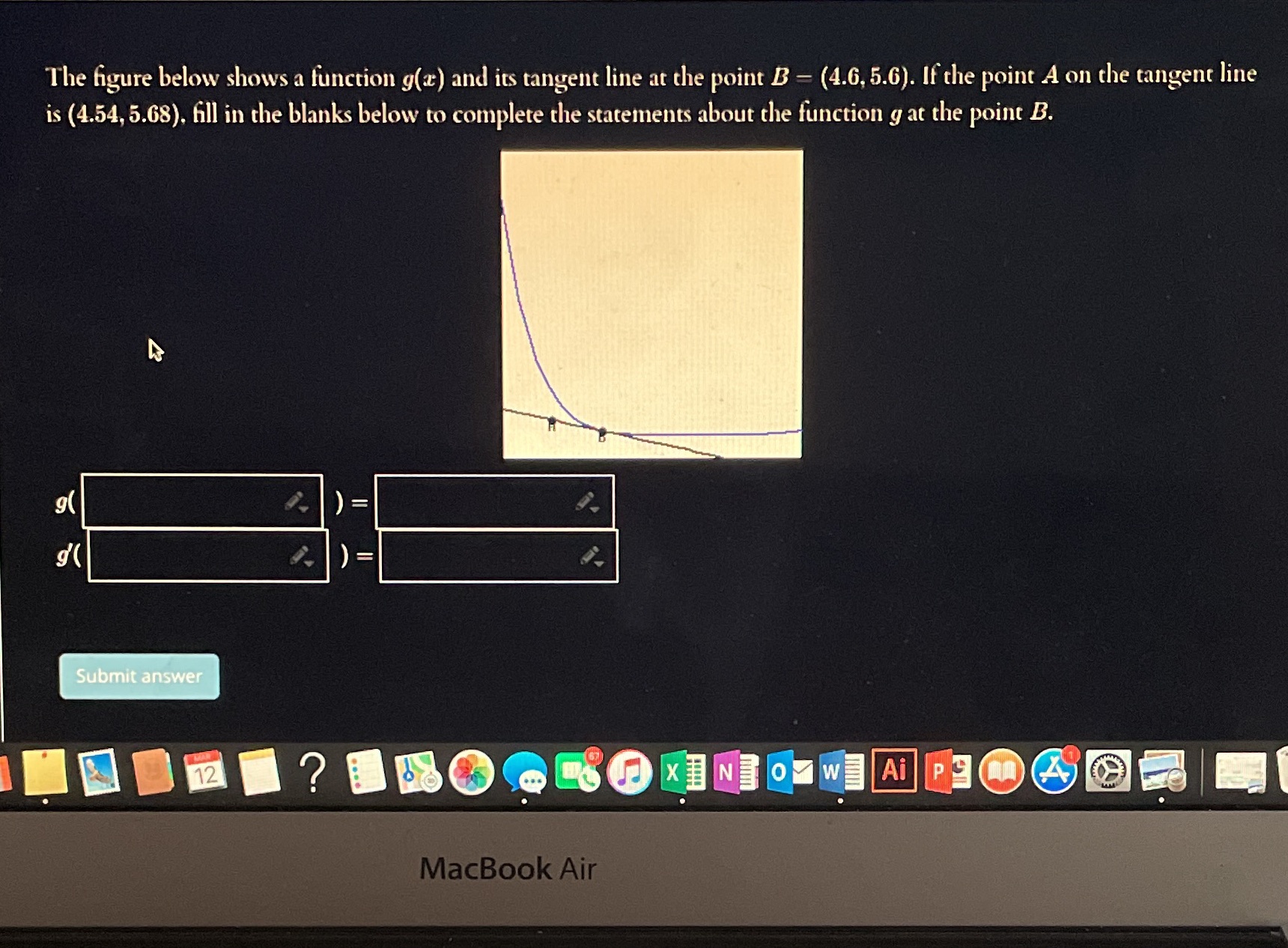 The figure below shows a function g() and its tangent line