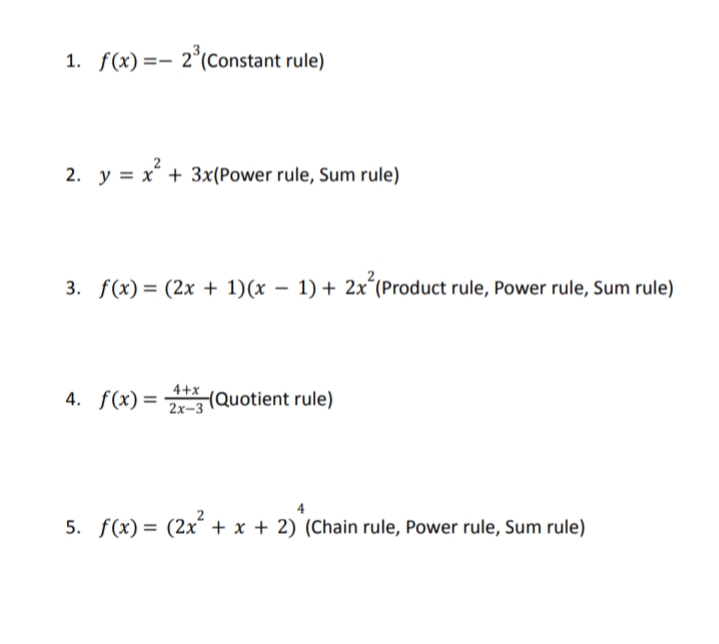 Differentiate the following functions with complete solutions 1. f(x) =- 2"(Constant rule)