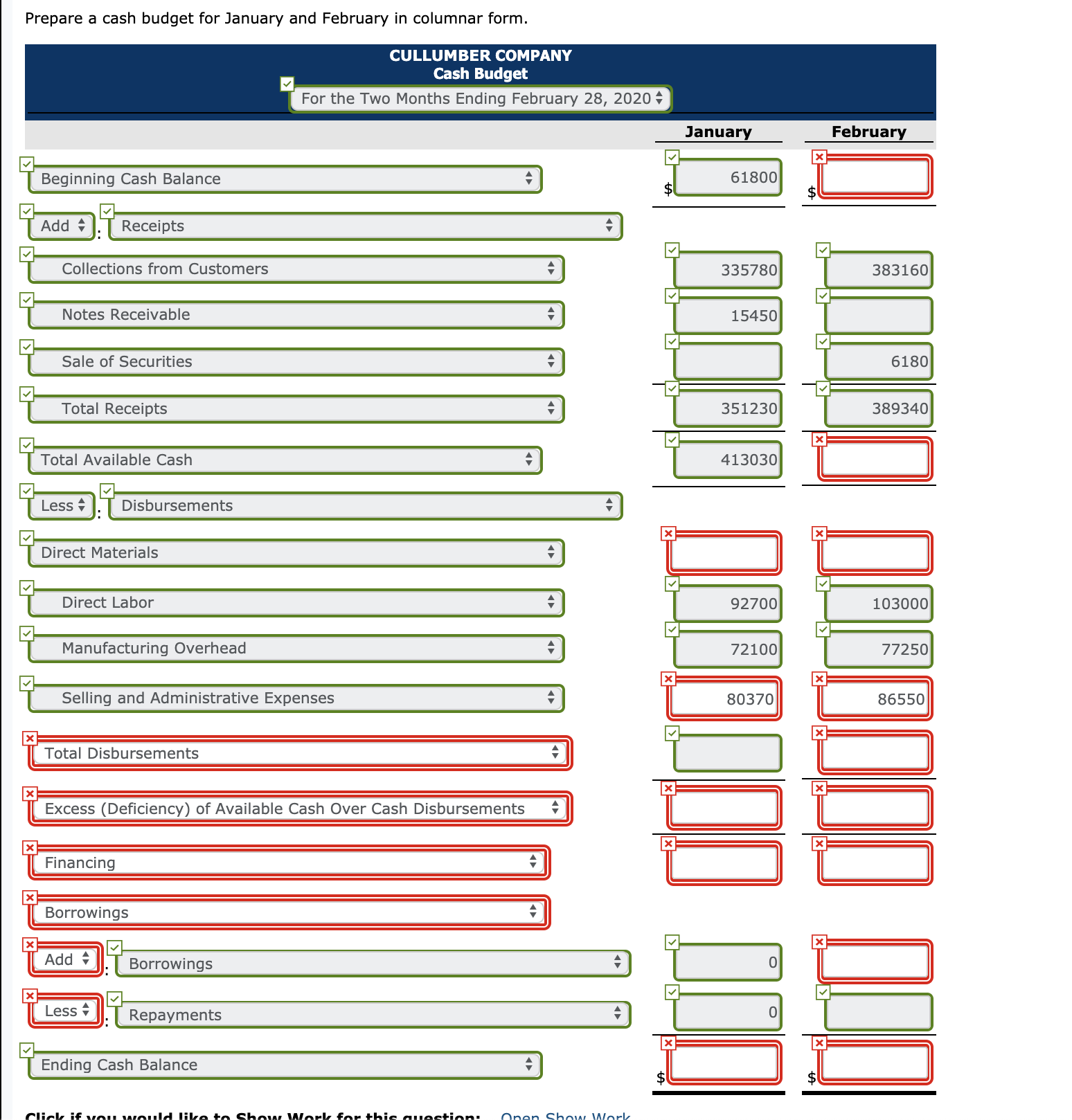 prepares monthly cash budgets. Relevant data from operating budgets for 2020 are
