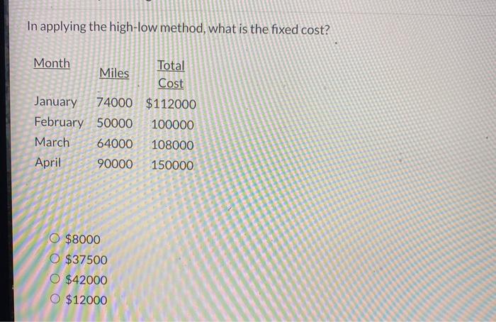 In applying the high-low method, what is the fixed cost? Month Total