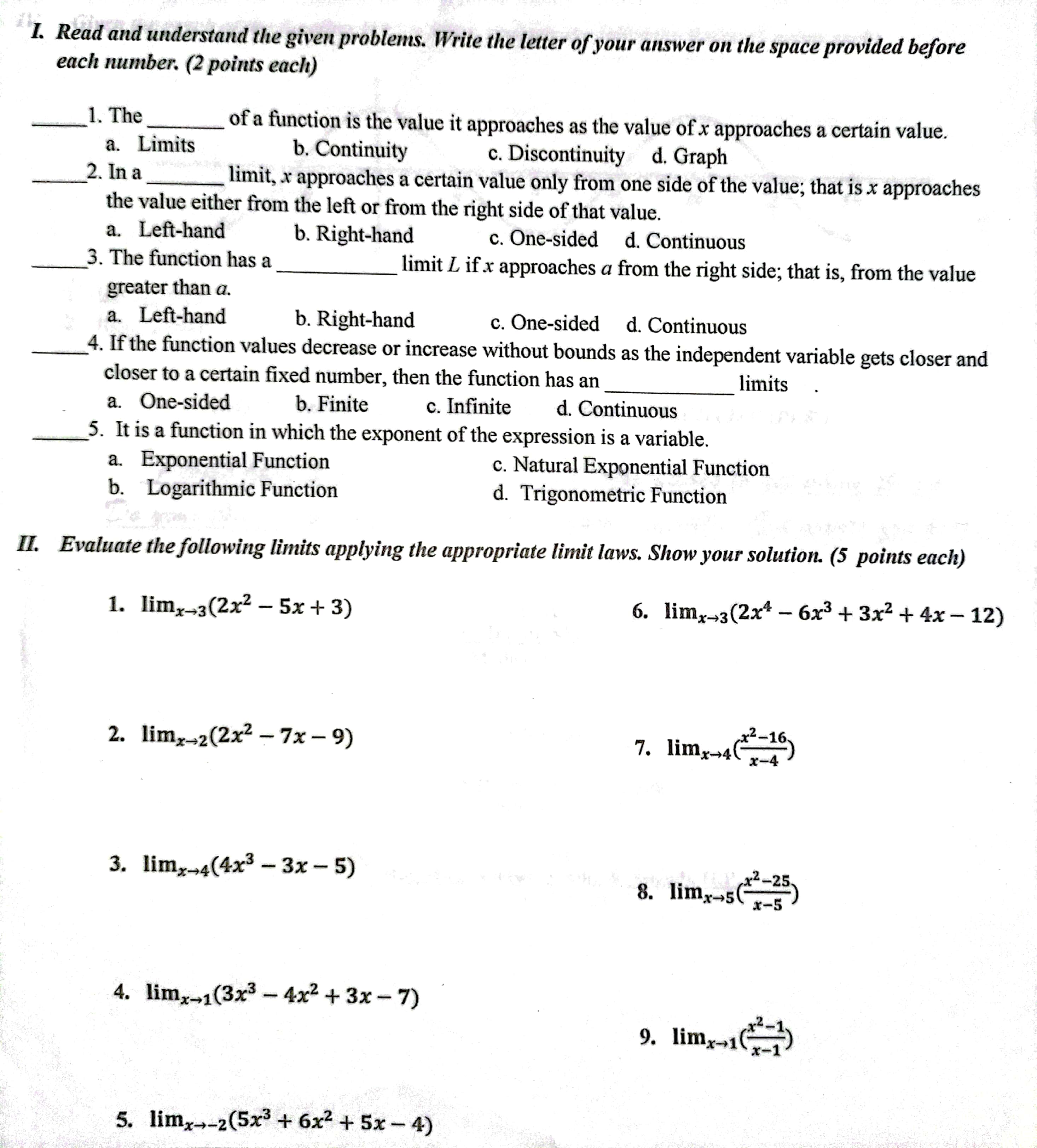  I. Read and understand the given problems. Write the letter of