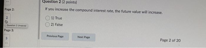 Page 2: 20 Question 2 Unsaved Page 3: Question 2 (2 points)