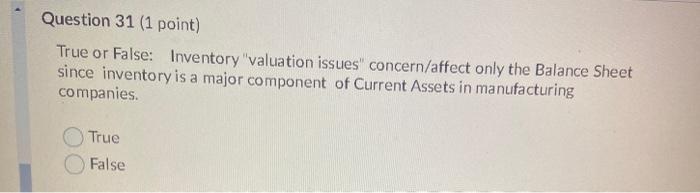 31 (1 point) True or False: Inventory "valuation issues" concern/affect only the