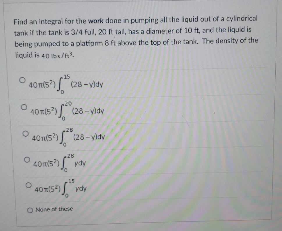 please solve Find an integral for the work done in pumping all