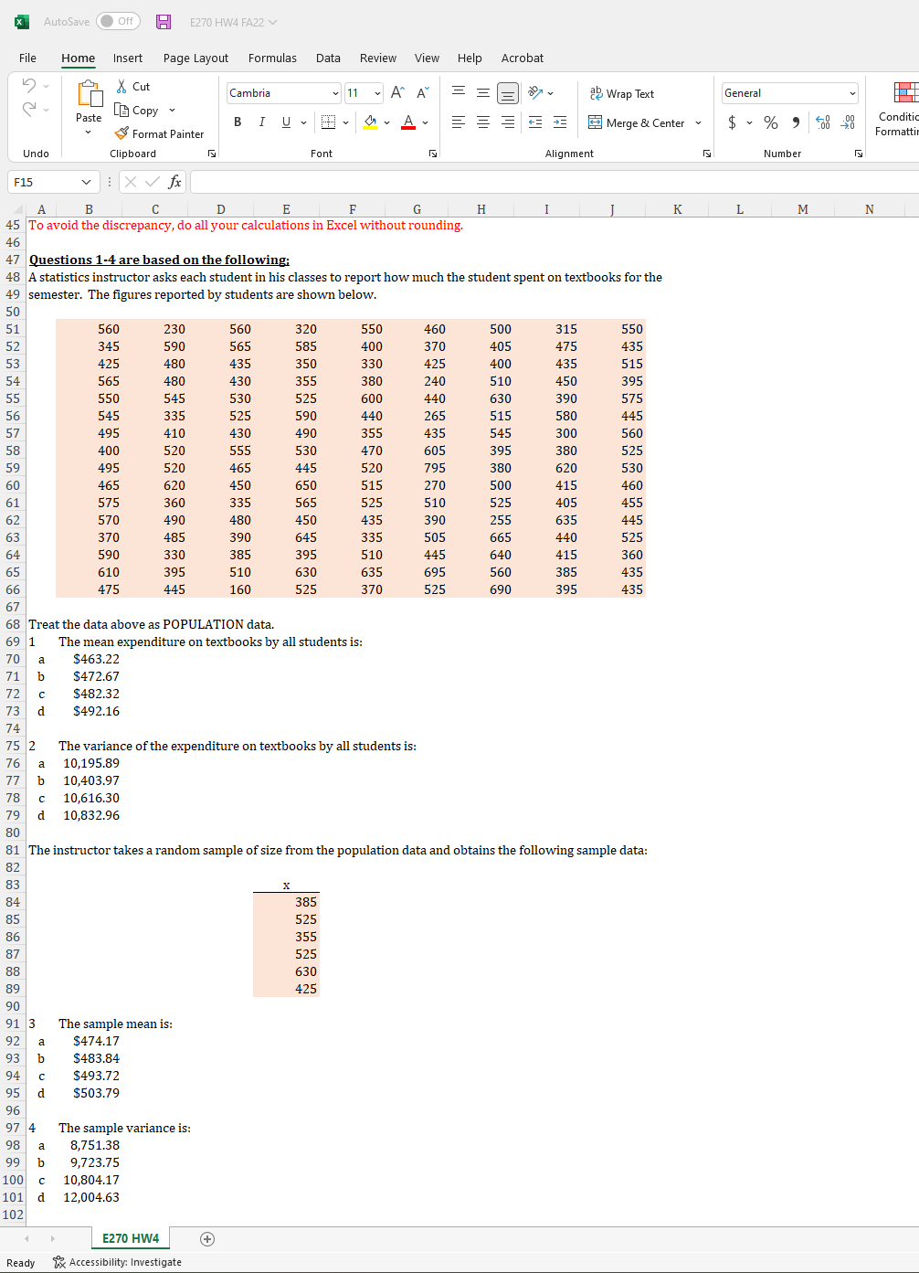 * AutoSave Off ) E270 HW4 FA22 File Home Insert Page