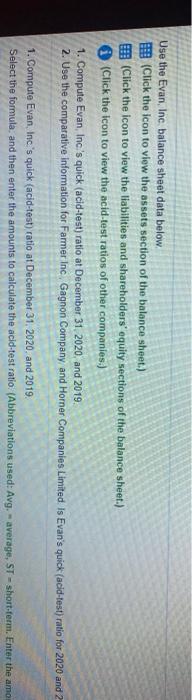 Use the Evan, Inc. balance sheet data below. (Click the icon to