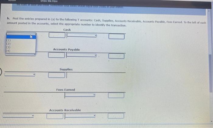 accounts: Cash, Supplios, Accounts Reiceivable, Accounts Payable, Fees Earned. To the left
