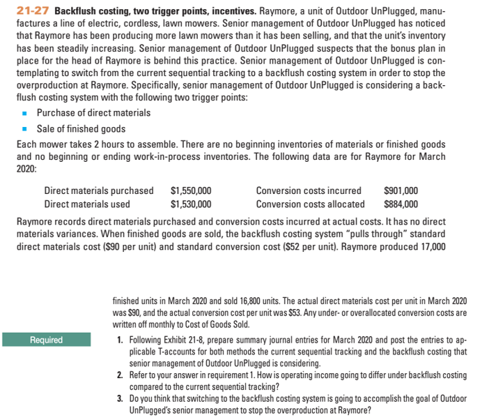 21-27 Backflush costing, two trigger points, incentives. Raymore, a unit of Outdoor