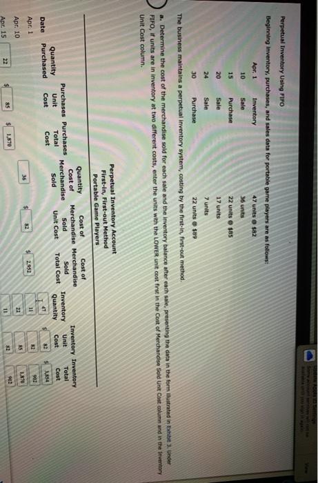 Perpetual Inventory Using FIFO Beginning Inventory, purchases, and sales data for portable
