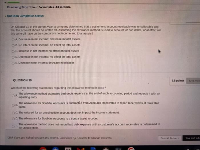 Remaining Time: 1 hour, 52 minutes, 44 seconds. Question Completion Status: On