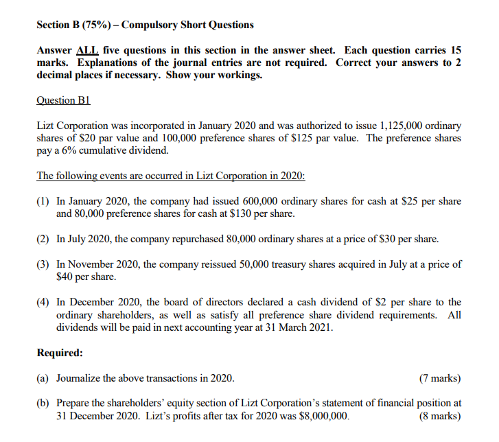 B (75%) - Compulsory Short Questions Answer ALL five questions in this