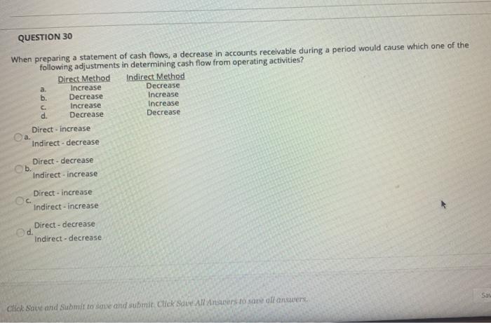 30 When preparing a statement of cash flows, a decrease in accounts