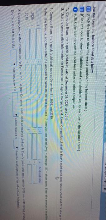 Use the Evan, Inc. balance sheet data below. (Click the icon to