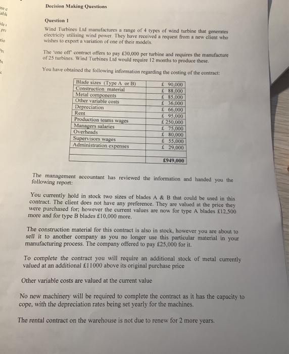 Cable ble pri tio C Decision Making Questions Question 1 Wind Turbines