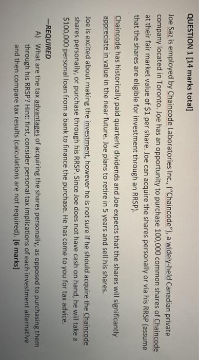 1 [14 marks total] Joe Saz is employed by Chaincode Laboratories Inc.,