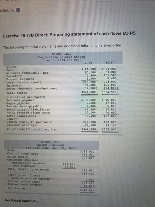 m Solving Exercise 16-17B Direct: Preparing statement of cash flows LO P5