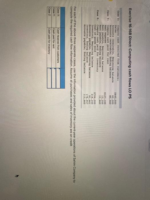 Exercise 16-16B Direct: Computing cash flows LO P5 Case X1 Case Y: