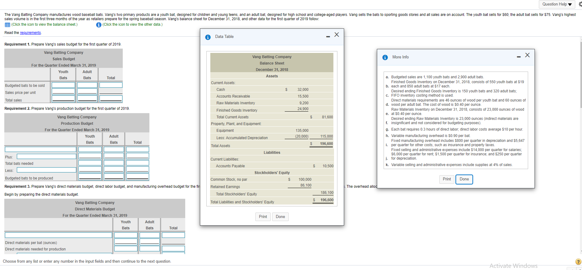 below to Question Help The Vang Batting Company manufactures wood baseball bats.
