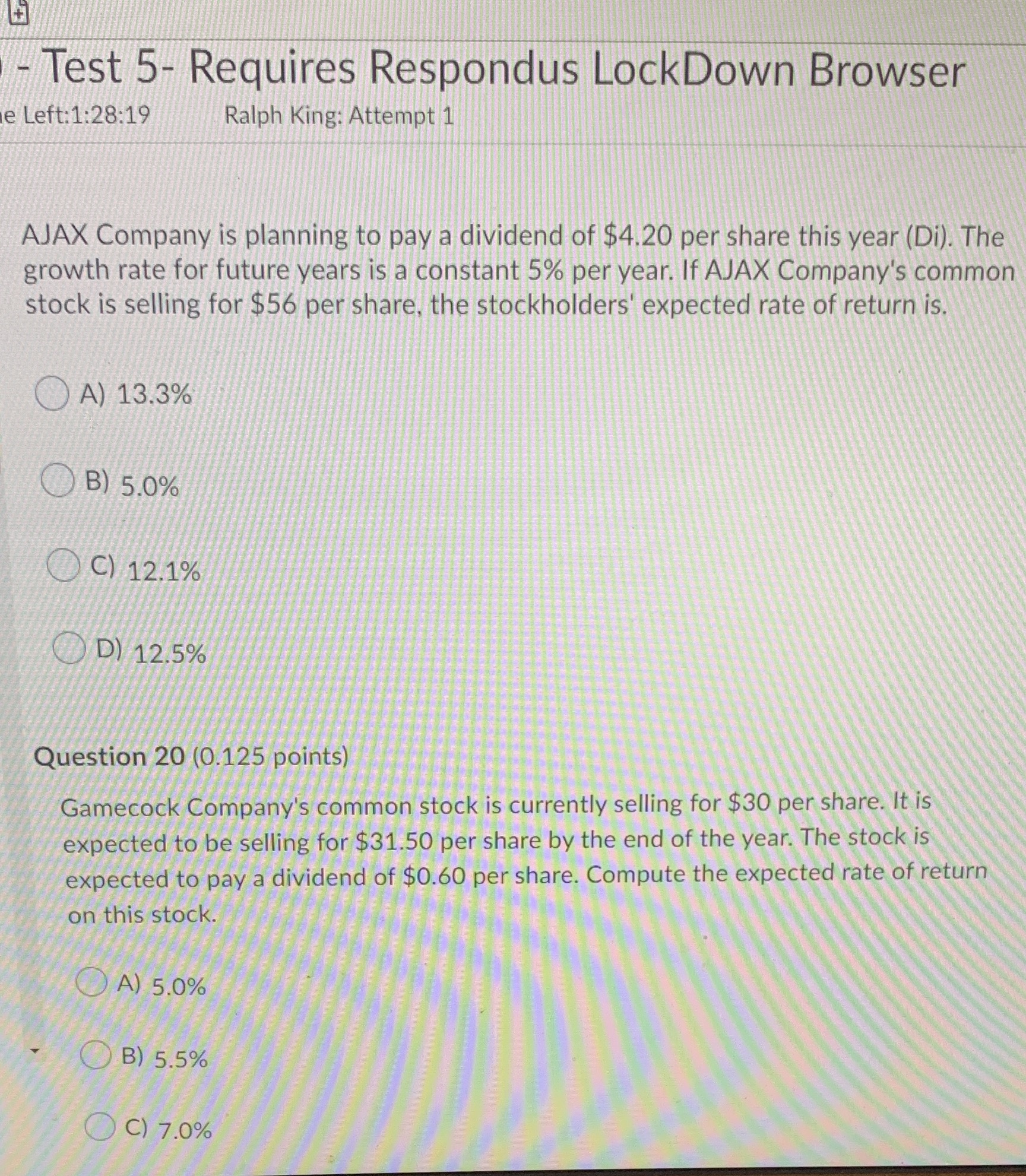  +] Test 5- Requires Respondus LockDown Browser e Left:1:28:19 Ralph King: