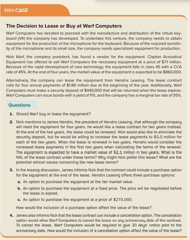Finance 2 mini case 2 MINI CASE The Decision to Lease or