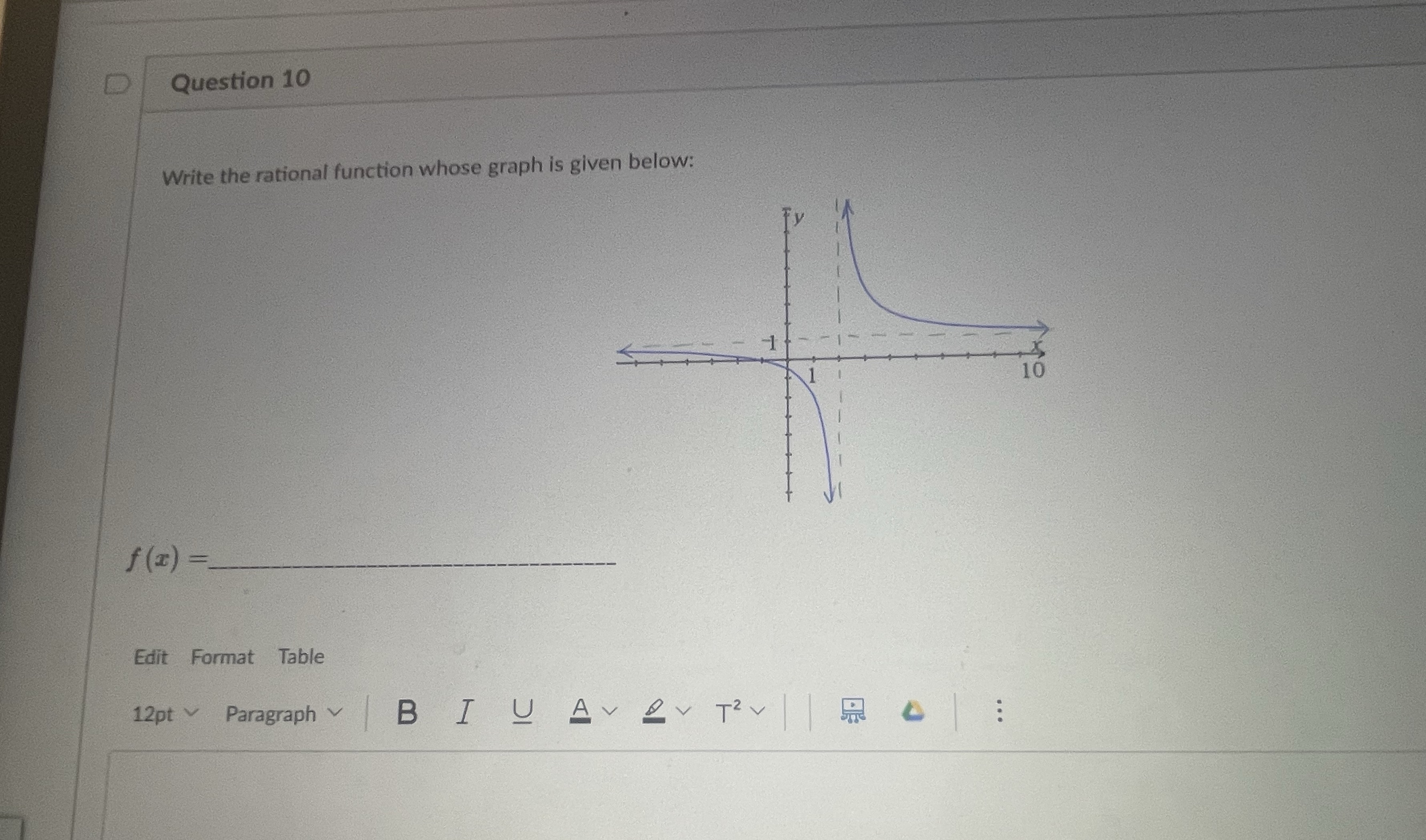  D Question 10 Write the rational function whose graph is given
