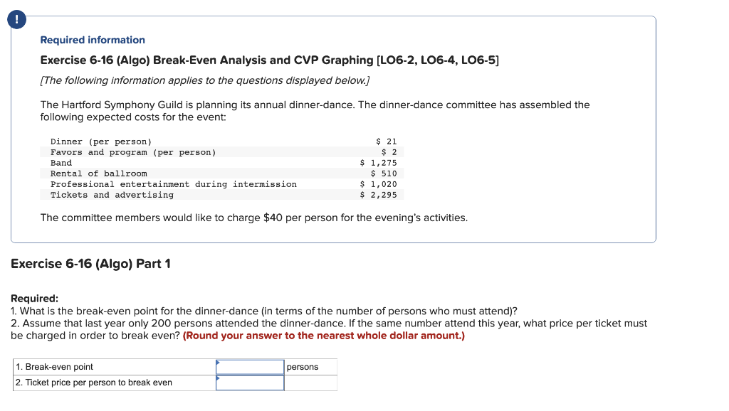  Required information Exercise 6-16 (Algo) Break-Even Analysis and CVP Graphing (L06-2,