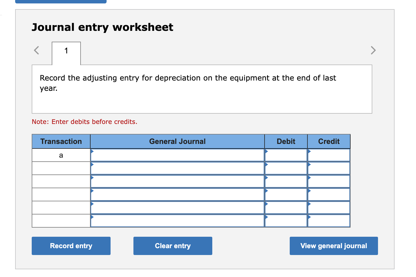  Journal entry worksheet Record the adjusting entry for depreciation on the
