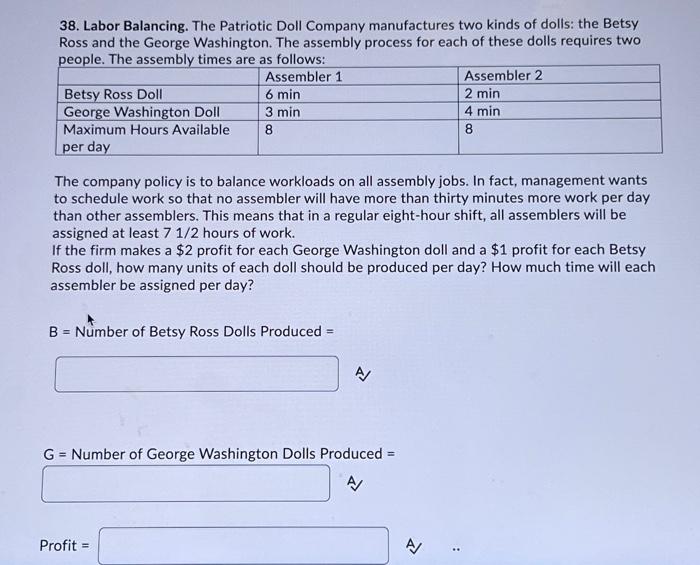  Please show in Excel 38. Labor Balancing. The Patriotic Doll Company