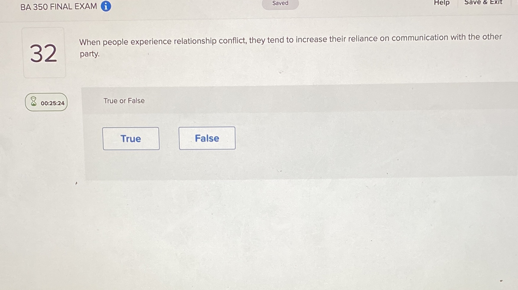BA 350 FINAL EXAM i Saved Help Save & Exit When