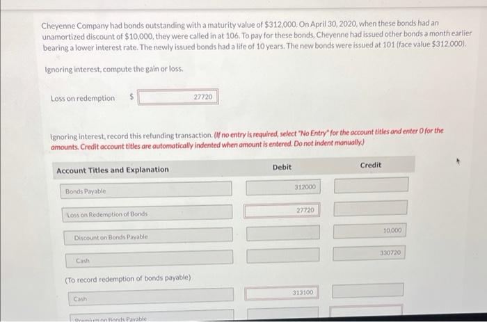 Cheyenne Company had bonds outstanding with a maturity value 01 S312.OOO. On