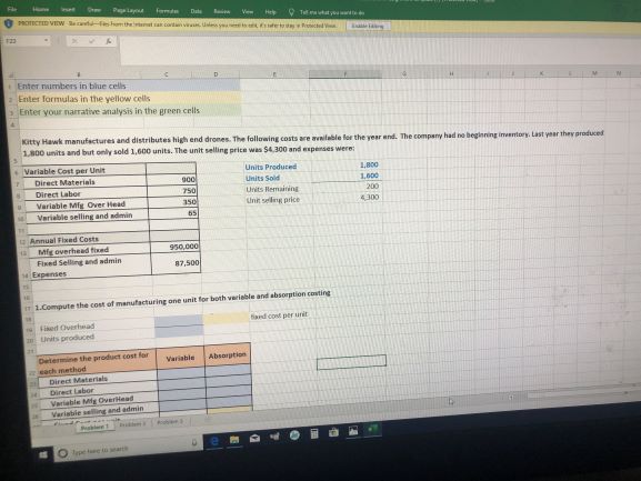 Enter number in blue cells a Enter formulas in the yellow
