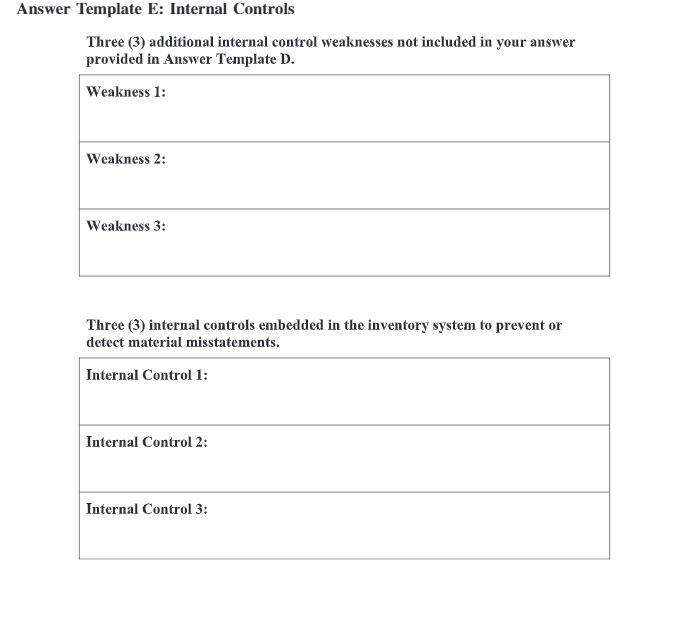  Answer Template E: Internal Controls Three (3) additional internal control weaknesses