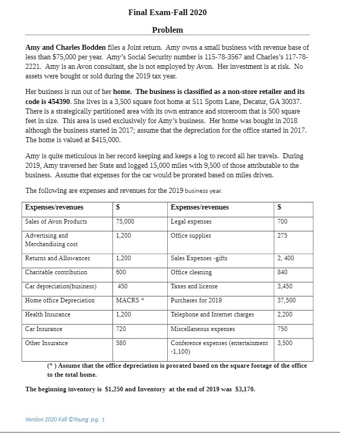 Final Exam-Fall 2020 Problem Amy and Charles Bodden files a Joint