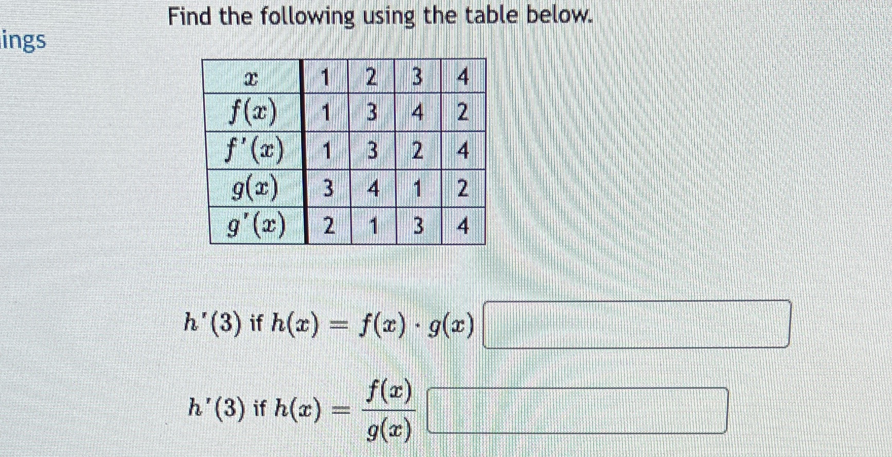  Find the following using the table below, ings 2 3 4