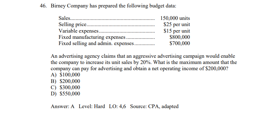 following operating results for next year: Sales. $280,000 Net operating income ..........