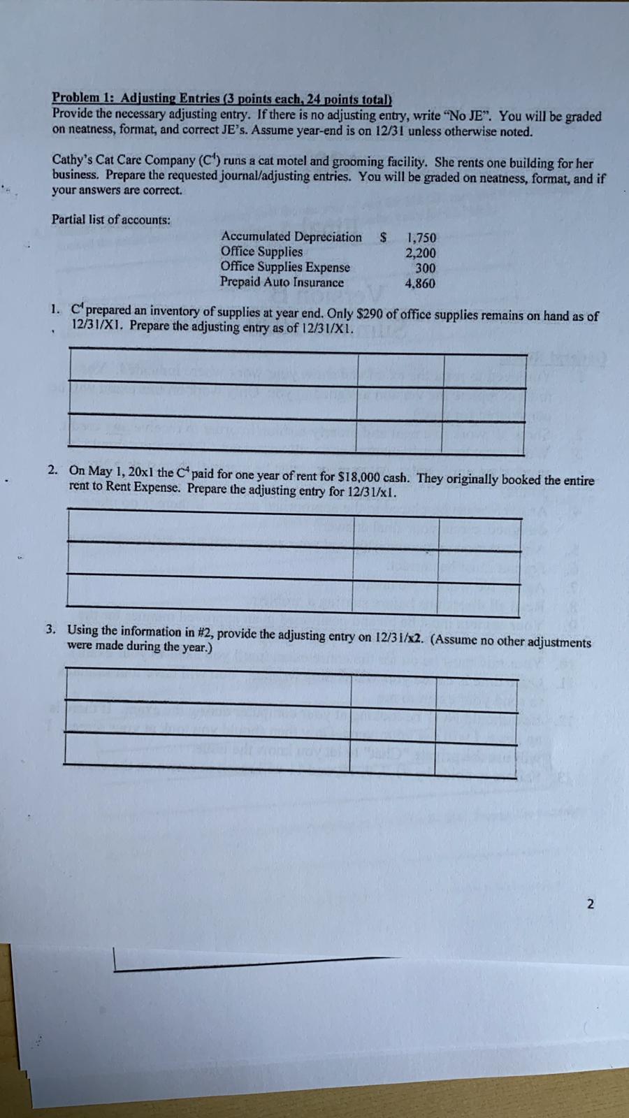 Problem 1: Adjusting Entries (3 points each, 24 points total) Provide