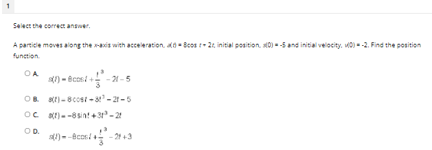  Select the correct answer. A particle moves along the x-axis with