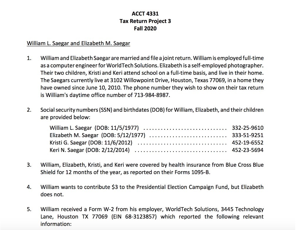 ACCT 4331 Tax Return Project 3 Fall 2020 William L. Saegar