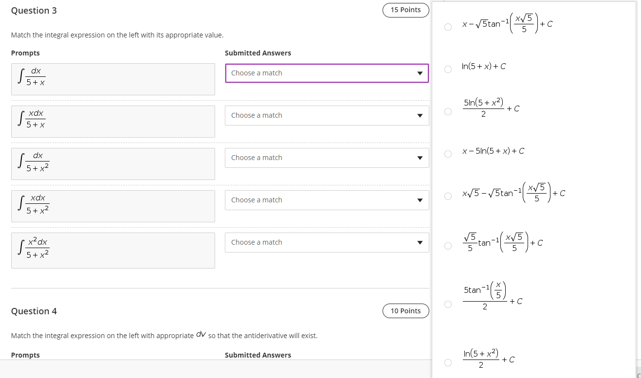 Question 3 15 Points Match the integral expression on the left