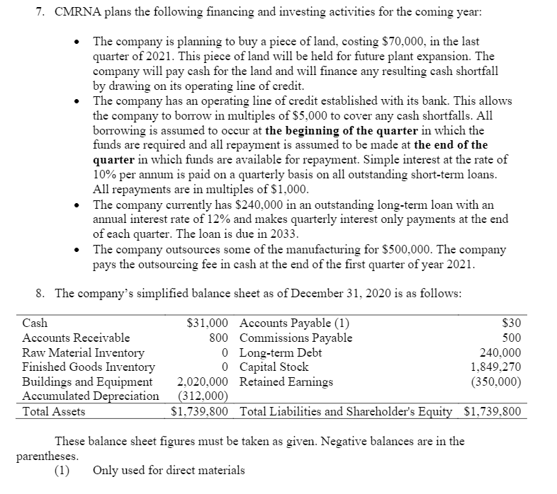 total. CMRNA will base the 2021 budget on the following information: 1.
