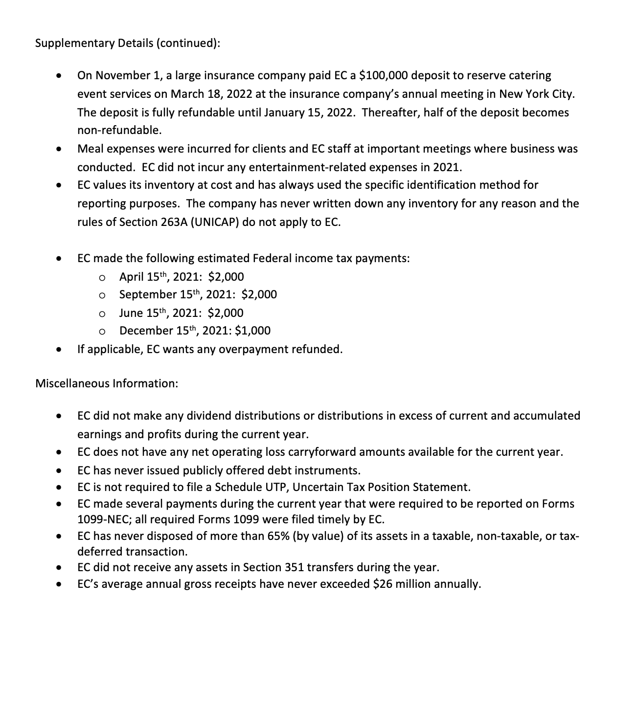 to fill in the gaps. Express Catering, Inc. (EC) is organized in